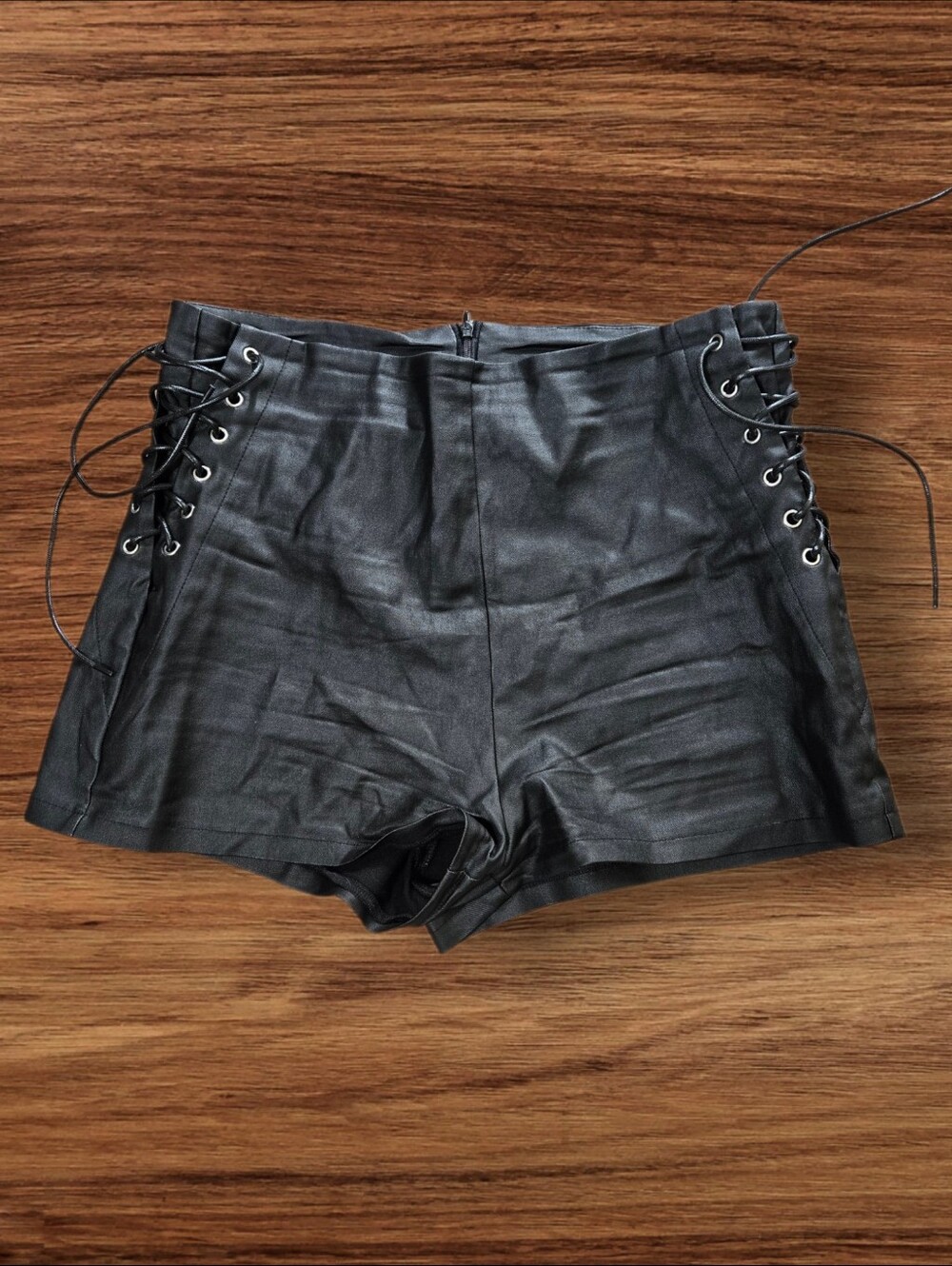 High-Waist Lace-Up Faux Leather Festival Black Biker Women's Shorts